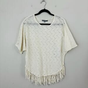 NY Collection Ivory Sheer Knit Short Sleeve Blouse With Fringe Women’s Size M